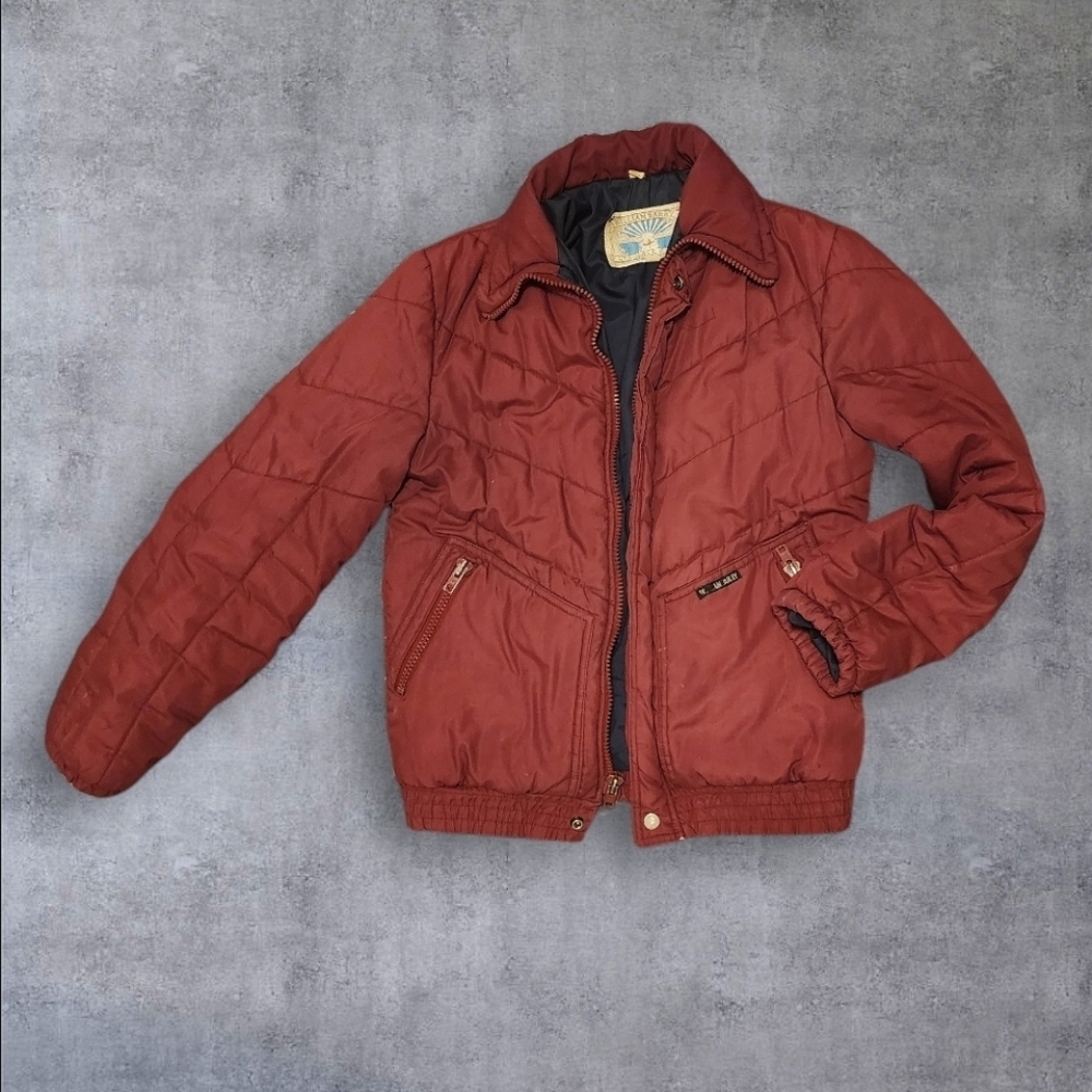 VTG William Barry Struggle Gear Women Zip/Snap Puffer Bomber Jacket Maroon Sm/Md